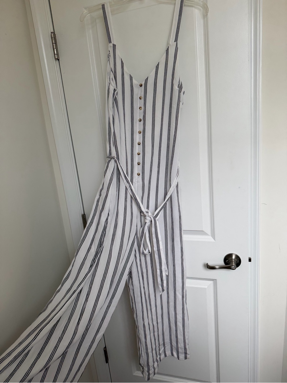 American Eagle Outfitters White & Black Striped Button-Front Jumpsuit